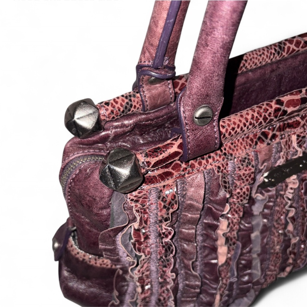 Betsey Johnson Leather Ruffle Structurec Satchel Handbag in Deep Plum - Picture 6 of 13
